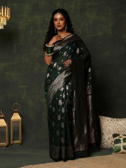Garden VARELI - Women's Exclusive Classic Dark Green Paisley Silk Blend Banarasi Saree
