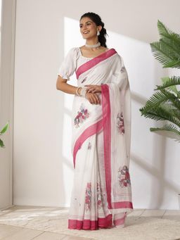 Garden VARELI - Women's Traditional Stylish White Floral Printed Cotton Mangalagiri Saree