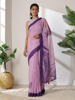 Garden VARELI - Women's Graceful Stylish Purple Floral Printed Cotton Mangalagiri Saree