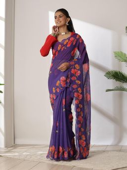 Garden VARELI - Women's Festive Stylish Violet Floral Printed Khadi Mangalagiri Saree