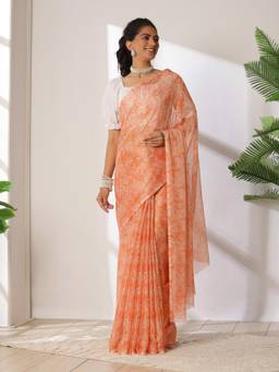 Garden VARELI - Women's Ethnic Ethnic Orange Floral Printed Chiffon Venkatgiri Saree