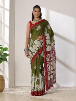 Garden VARELI - Women's Trendy Classic Olive Green Kalamkari Cotton Venkatgiri Saree
