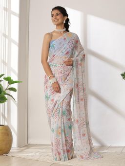 Garden VARELI - Women's Contemporary Ethnic White Floral Printed Georgette Venkatgiri Sar