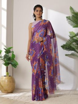 Garden VARELI - Women's Refined Ethnic Purple Floral Printed Chiffon Venkatgiri Saree