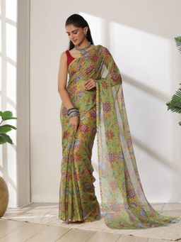 Garden VARELI - Women's Timeless Ethnic Green Floral Printed Chiffon Venkatgiri Saree