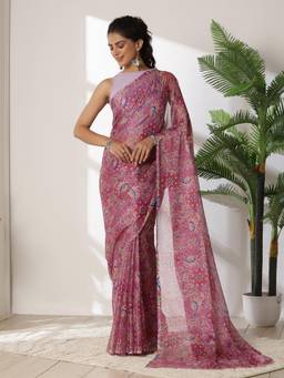 Garden VARELI - Women's Soft Ethnic Dark Pink Floral Printed Chiffon Venkatgiri Saree