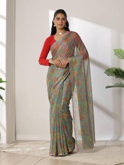Garden VARELI - Women's Chic Ethnic Teal Floral Printed Chiffon Venkatgiri Saree