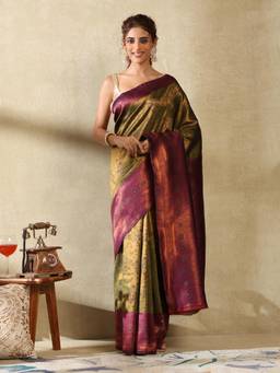Garden VARELI - Women's Ethnic Elegant Olive Zari Art Silk Banarasi Saree