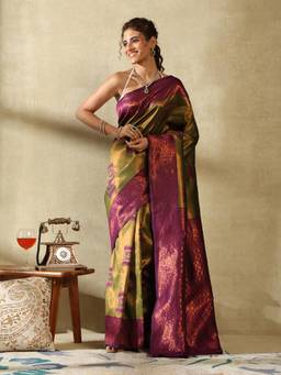 Garden VARELI - Women's Graceful Elegant Olive Green Zari Art Silk Banarasi Saree