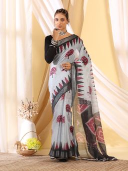 Garden VARELI - Women's Soft Designer Light Grey Floral Linen Mangalagiri Saree