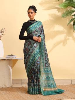 Garden VARELI - Women's Designer Elegant Black with Teal Floral Georgette Saree