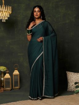 Garden VARELI - Women's Modern Stylish Teal Embroidered Satin Mangalagiri Saree