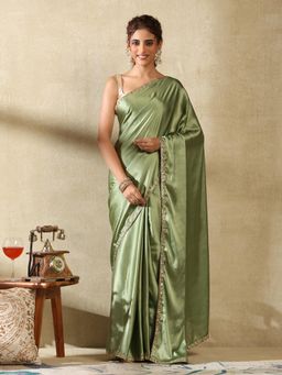 Garden VARELI - Women's Refined Elegant Olive Green Solid Satin Mangalagiri Saree