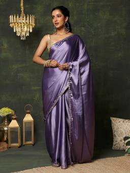 Garden VARELI - Women's Refined Stylish Lavender Embroidered Satin Mangalagiri Saree