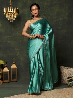 Garden VARELI - Women's Chic Stylish Sea Green Embroidered Satin Mangalagiri Saree