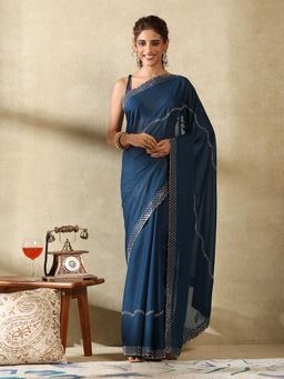 Garden VARELI - Women's Modern Elegant Navy Blue Embellished Georgette Saree