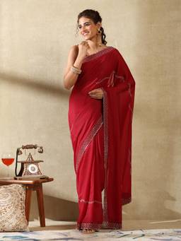 Garden VARELI - Women's Soft Elegant Cherry Red Embellished Georgette Saree