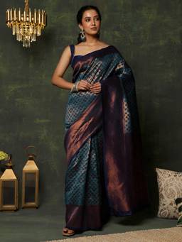 Garden VARELI - Women's Premium Ethnic Blue Zari Art Silk Banarasi Saree
