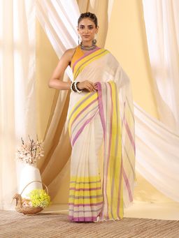 Garden VARELI - Off White Womens Striped Cotton Khadi Saree