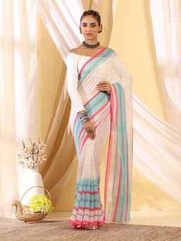Garden VARELI - Women's Exclusive Designer White Striped Cotton Khadi Saree