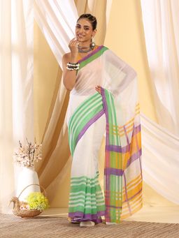 Garden VARELI - Women's Trendy Designer White Striped Cotton Khadi Saree