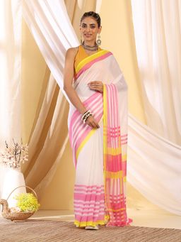 Garden VARELI - Women's Beautiful Designer White Striped Cotton Khadi Saree