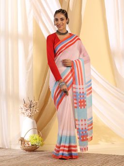Garden VARELI - Women's Deluxe Designer Red Striped Cotton Khadi Saree