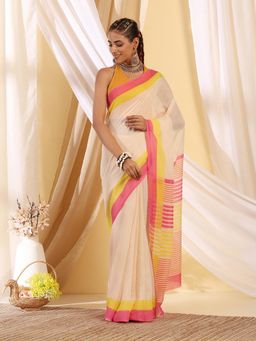Garden VARELI - Women's Stylish Premium Peach Striped Cotton Khadi Saree