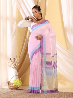 Garden VARELI - Women's Classic Premium Pink Striped Cotton Khadi Saree
