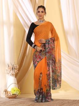 Garden VARELI - Women's Ethnic Premium Orange Floral Printed Cotton Khadi Saree