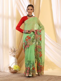 Garden VARELI - Women's Festive Premium Mint Green Floral Printed Cotton Khadi Saree