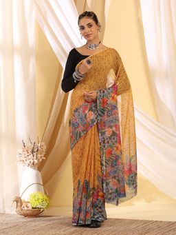 Garden VARELI - Women's Contemporary Premium Yellow Floral Printed Cotton Khadi Saree