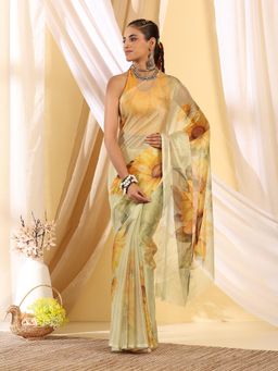 Garden VARELI - Women's Chic Premium Beige Floral Printed Chiffon Bagh Saree