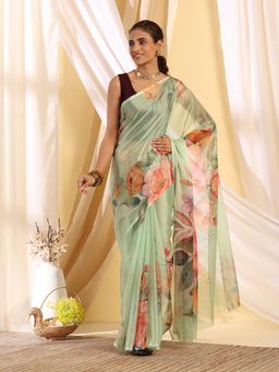 Garden VARELI - Women's Timeless Premium Sage Green Floral Printed Chiffon Bagh Saree