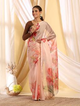 Garden VARELI - Women's Soft Premium Peach Floral Printed Chiffon Bagh Saree
