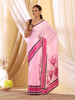 Garden VARELI - Women's Deluxe Premium Pink Floral Printed Satin Bagh Saree