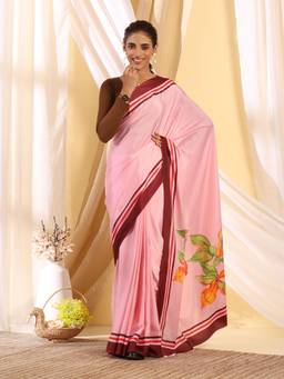 Garden VARELI - Women's Designer Stylish Pink Floral Printed Satin Bagh Saree