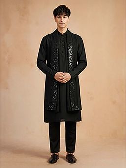 Vastramay - Men Black Solid Viscose Kurta with Pyjama & Embroidered Dupatta