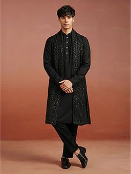 Vastramay - Men Black Solid Viscose Kurta with Pyjama & Thread Work Dupatta