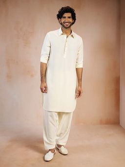Vastramay - Men White Solid Silk Blend Pathani Kurta with Pyjama