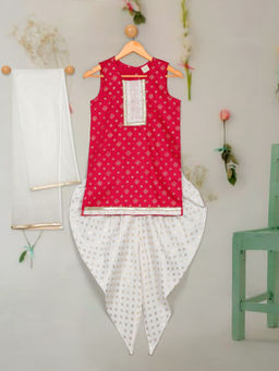 SAKA DESIGNS - Girls Red Printed Jhabla Kurti with Dhoti & Dupatta (Set of 3)