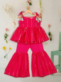SAKA DESIGNS - Girls Magenta Art Silk Top with Sharara (Set of 2)