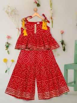 SAKA DESIGNS - Girls Red Printed Cotton Top with Sharara (Set of 2)
