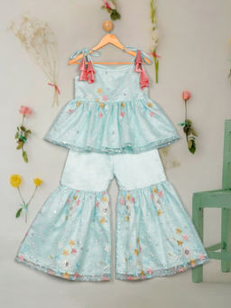 SAKA DESIGNS - Girls Blue Embroidered Net Top with Sharara (Set of 2)