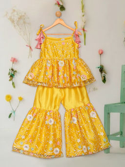 SAKA DESIGNS - Girls Yellow Embroidered Net Top with Sharara (Set of 2)