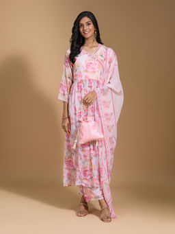 Gahan - Modal Big Floral Printed Mirror Work Pink Anarkali with Pant and Dupatta (Set of 3)