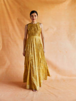 Pinnacle By Shruti Sancheti - Yellow Gold Printed and Embroidered Maxi