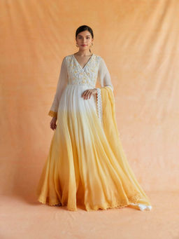 Pinnacle By Shruti Sancheti - White and Yellow Ombre Angarakha Maxi with Dupatta (Set of 2)