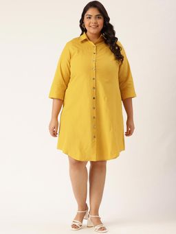 theRebelinme - Plus Size Womens Mustard Solid Color Cotton Shirt Dress