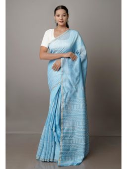 Unnati Silks - Light Blue Pure Block Printed Chanderi Sico Saree with Unstitched Blouse